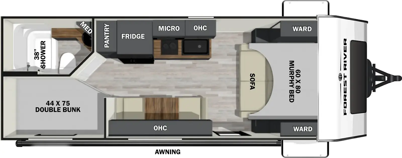 The 19MBH has zero slideouts and one entry. Exterior features an awning. Interior layout front to back: murphy bed sofa with wardrobes on each side; off-door side kitchen counter with sink and cooktop, overhead cabinet with microwave, refrigerator, and pantry; door side entry, dinette, and overhead cabinet; rear off-door side full bathroom with medicine cabinet; rear door side double bunks.